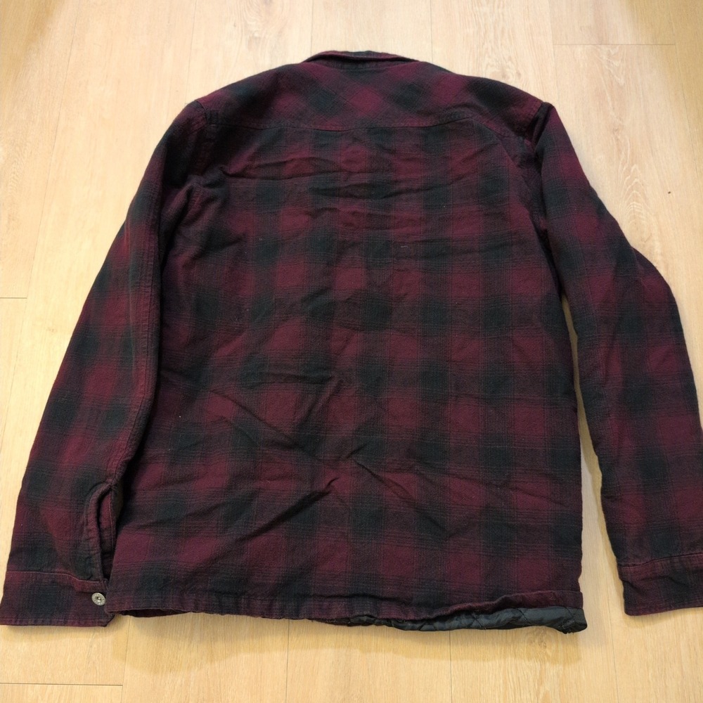 Stussy Men's XL Quilted Flannel Shirt Jacket Burgundy Black Plaid Logo Patch - Picture 10 of 10